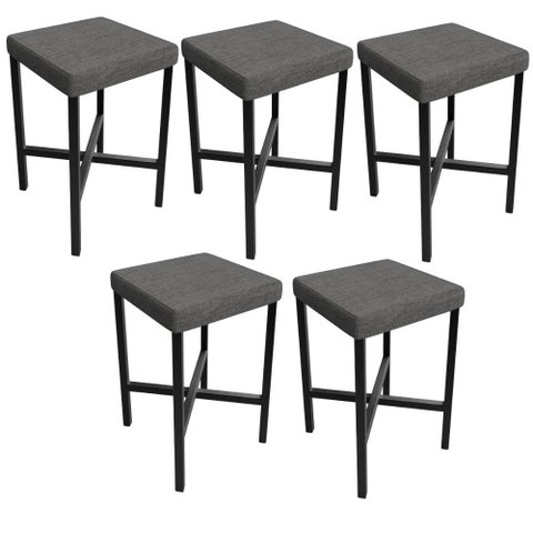Kit 05 Banquetas Baixa Bar Cozinha Sala de Jantar Preto Stella L02 Linho Cinza Escuro - Lyam Decor