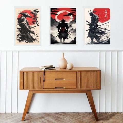 Kit 3 Quadros Gravuras Artes Samurais 24x18cm - com Vidro:moldura Branca