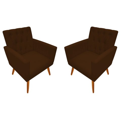 Kit 2 Poltronas Decorativa Nina Capitonê Couro Marrom Pés Madeira Mz Decor
