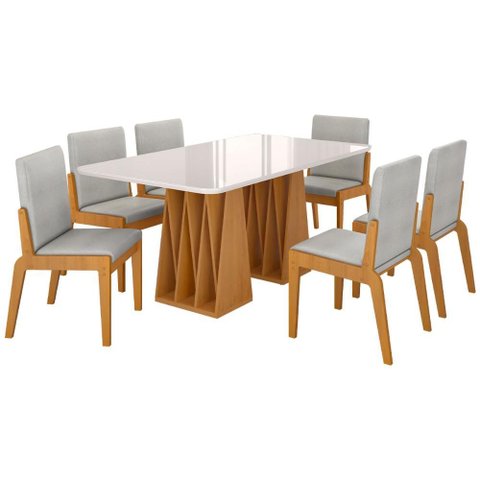 Kit Mesa de Jantar Orquestra com 6 Cadeira Sinfonia em Linho Naturale/off White/cinza
