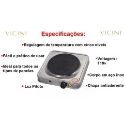Fogão Elétrico 1 Boca Inox 5 Níveis Vicini Epv-856 110V - 4 Fogão Elétrico 1 Boca Inox 5 Níveis Vicini Epv-856 110V - 4