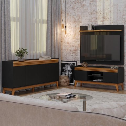 Conjunto Sala de Estar Buffet 4 Portas e Rack com Painel Ripado 136cm - Vianossa - Preto/cedro