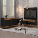 Ver imagem 1 de Conjunto Sala de Estar Buffet 4 Portas e Rack com Painel Ripado 136cm - Vianossa - Preto/cedro