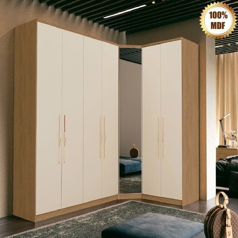 Guarda Roupa Modulado de Canto 7 Portas com Espelho 3 Peças Decor Marrom/Freijo/Off White