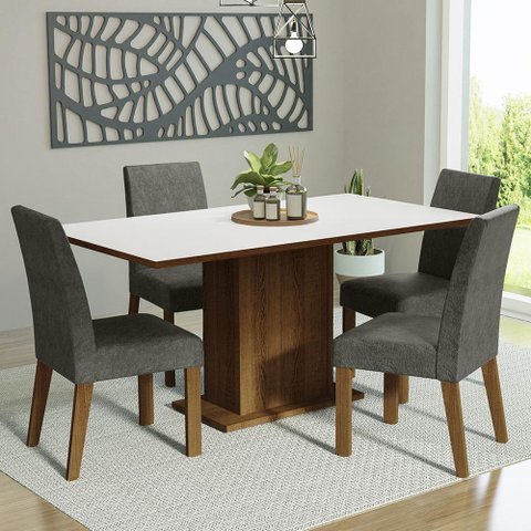 Conjunto Sala de Jantar Mesa Tampo de Madeira 4 Cadeiras Rustic/branco/silver Keila Madesa