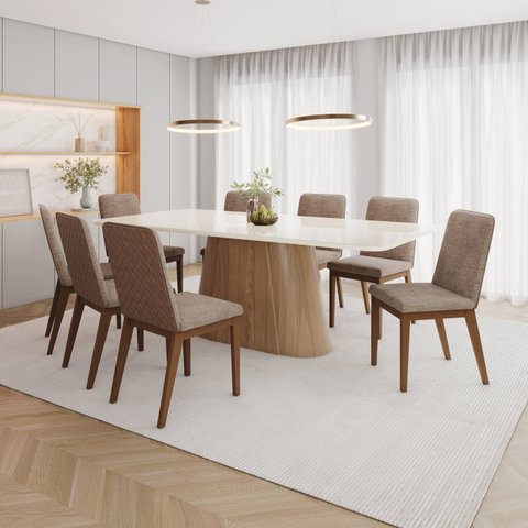 Conjunto Sala de Jantar Mesa com Tampo 100% MDF Vidro e Canto Arredondado com 8 Cadeiras Olívia Marrom/Nature/Corano Caramelo/Cacao