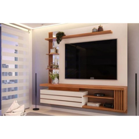 Rack Bancada com Painel para Tv até 55 Pol Marin 1 Porta e Torre Ripada 160x153cm Off White-freij