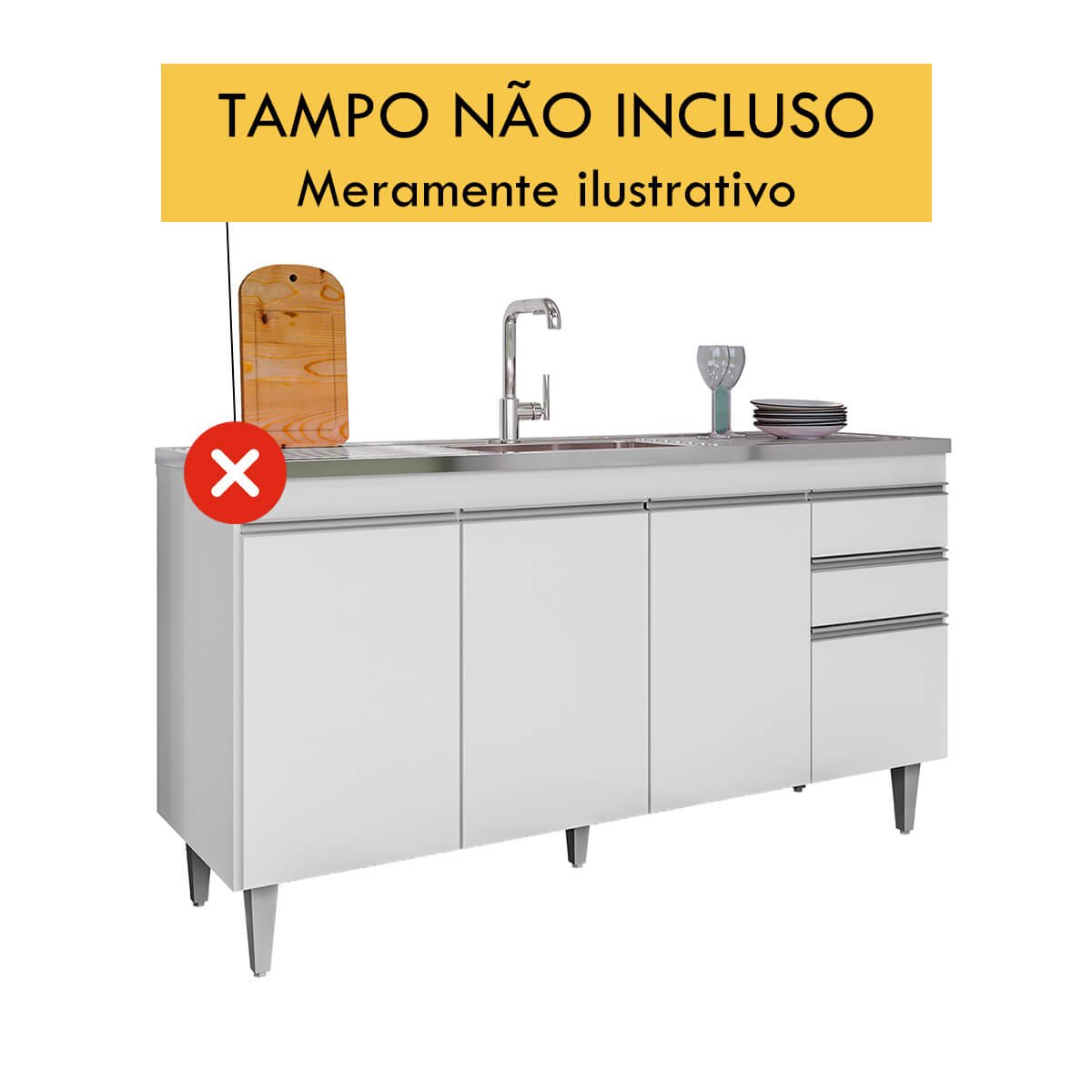 Balcão de Cozinha 150 Cm 4 Portas 2 Gavetas sem Tampo Ayla Branco - 4