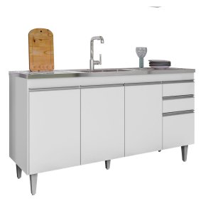 Balcão Pia Cozinha 150cm 4 Portas 2 Gavetas sem Tampo Madeira Ayla Branco