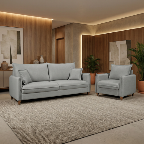 Conjunto Sofá Living Córdoba e Poltrona Tecido Linho Cinza Claro 2,00m