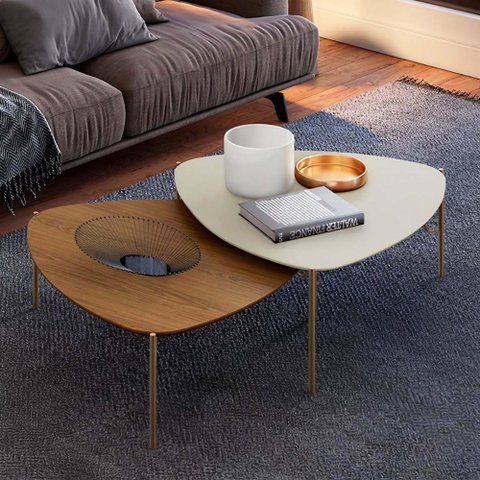 Conjunto de Mesas de Centro 89cm para Sala 100% Mdf Cor:louro e Luna com Dourado