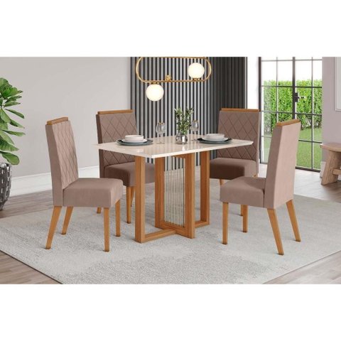 Conjunto: Mesa de Cozinha Natalí C/ Tampo Madeirado C/ Vidro Reto 120x80cm e 4 Cadeiras Nina Nature