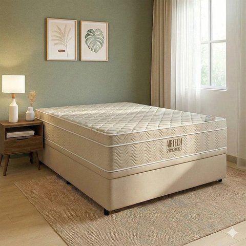 Cama Box com Baú Reforçado Colchão Airtech Queen Molas Ensacadas Ortobom 158x198 Bege