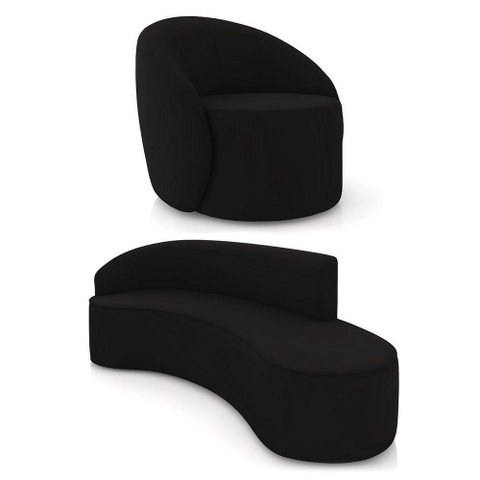 Sofá 4 Lugares Orgânico 220cm Morgan e Poltrona Lua Veludo Preto D03 - D'Rossi