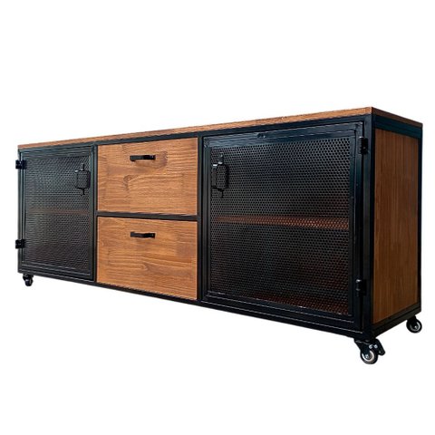 Rack Industrial com 2 Portas de Ferro e 2 Gavetas - Ferro Cor Preta e Madeira Maciça Cor Imbuia