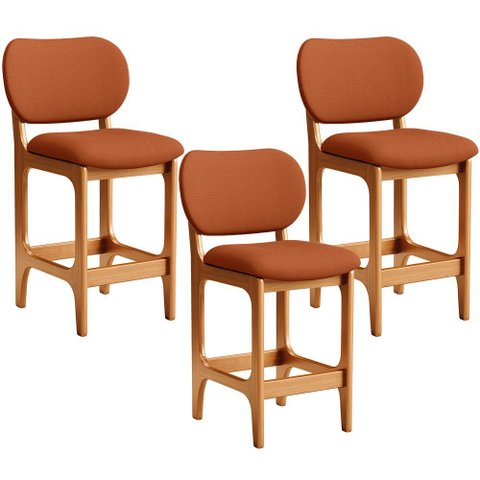 Kit 03 Banquetas Baixa Bar Cozinha Sala Jantar Fixa Betta L02 Imbuia Tecido Terracota - Lyam Decor B