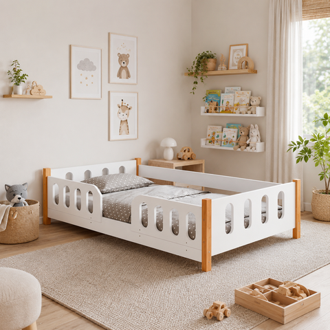 Cama Infantil Montessoriana Melissa Completa Branca com Colchão, Grade e Luminária LED