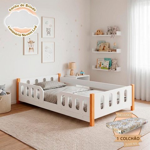 Cama Infantil Montessoriana Melissa Completa Branca com Colchão, Grade e Luminária Led