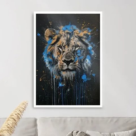 Quadro Leão Tinta Azul 24x18cm:moldura Branca
