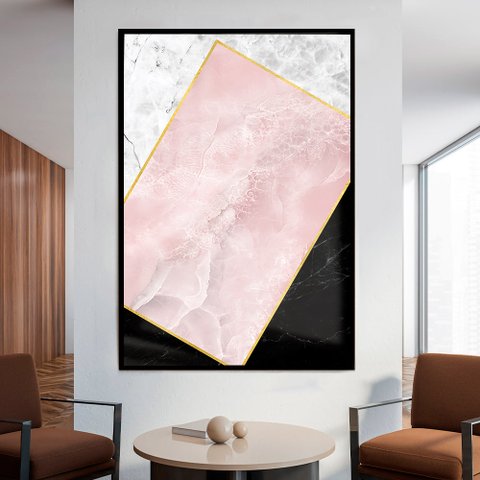 Quadro Decorativo Geométrico Mármore Branco, Rosa e Preto em Moldura Caixa Tacolado Moldura Trad 1cm
