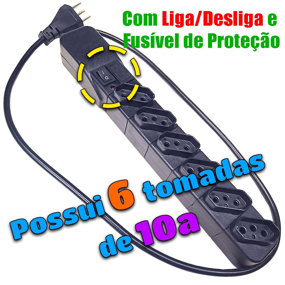 Filtro Linha 6 Tomadas 10a Régua Proteção Cftv Extensão Computador Liga Desliga - 2