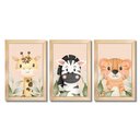 Ver imagem 1 de Kit Quadros Infantil Safari Aquarela 20x30 3 Peças Titulos Moldura Mel