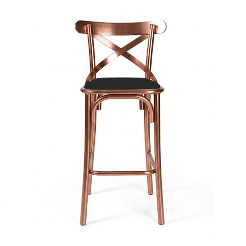 Banqueta X para Bancada em Aço Cobre com Corano e Encosto Curvo para Cozinha Gourmet Design - Preto