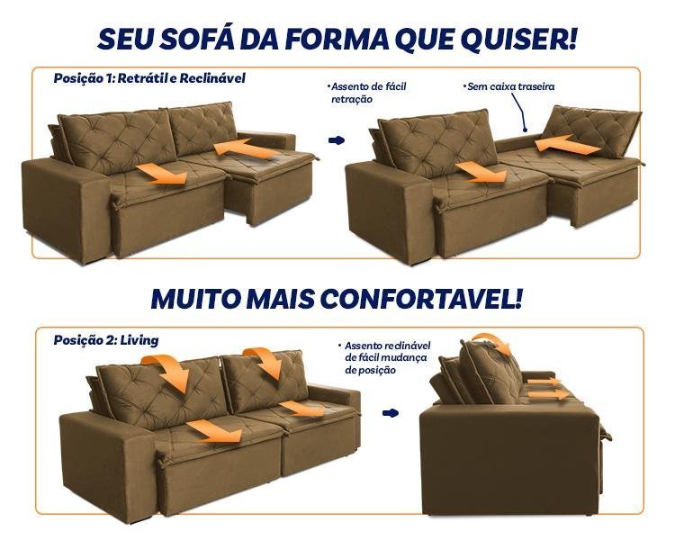 Sofá Cama Retrátil Reclinável 3,00m Bangkok Suede Velut Bege Molas no