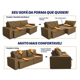 Sofá Cama Retrátil Reclinável 3,00m Bangkok Suede Velut Bege Molas no Assento - King House - 4