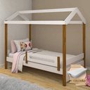 Ver imagem 1 de Cama Solteiro Montessoriana Casinha Eliz com Colchão e Grade de Proteção - Branco/mel