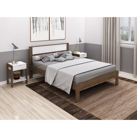 Cama de Casal com Cabeceira Espaçosa e suporte de até 260 Kg: Nogal com Branco