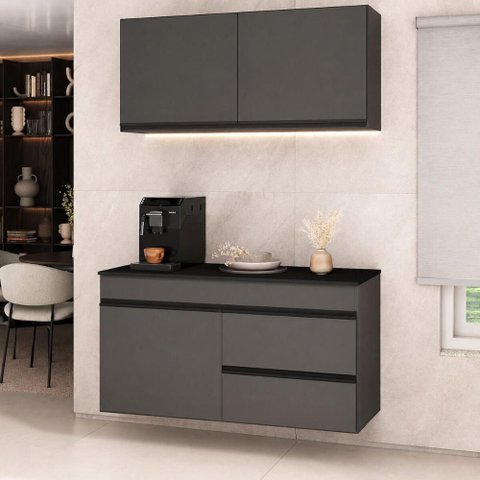 Cozinha Modulada Compacta Suspensa com Balcão para Pia 120cm Milano Multimóveis MP2479 Grafite