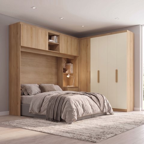 Guarda-Roupa Casal Modulado 3 Peças com Cabeceira 4 Portas 3 Gavetas Milan Yescasa Capuccino/Off White