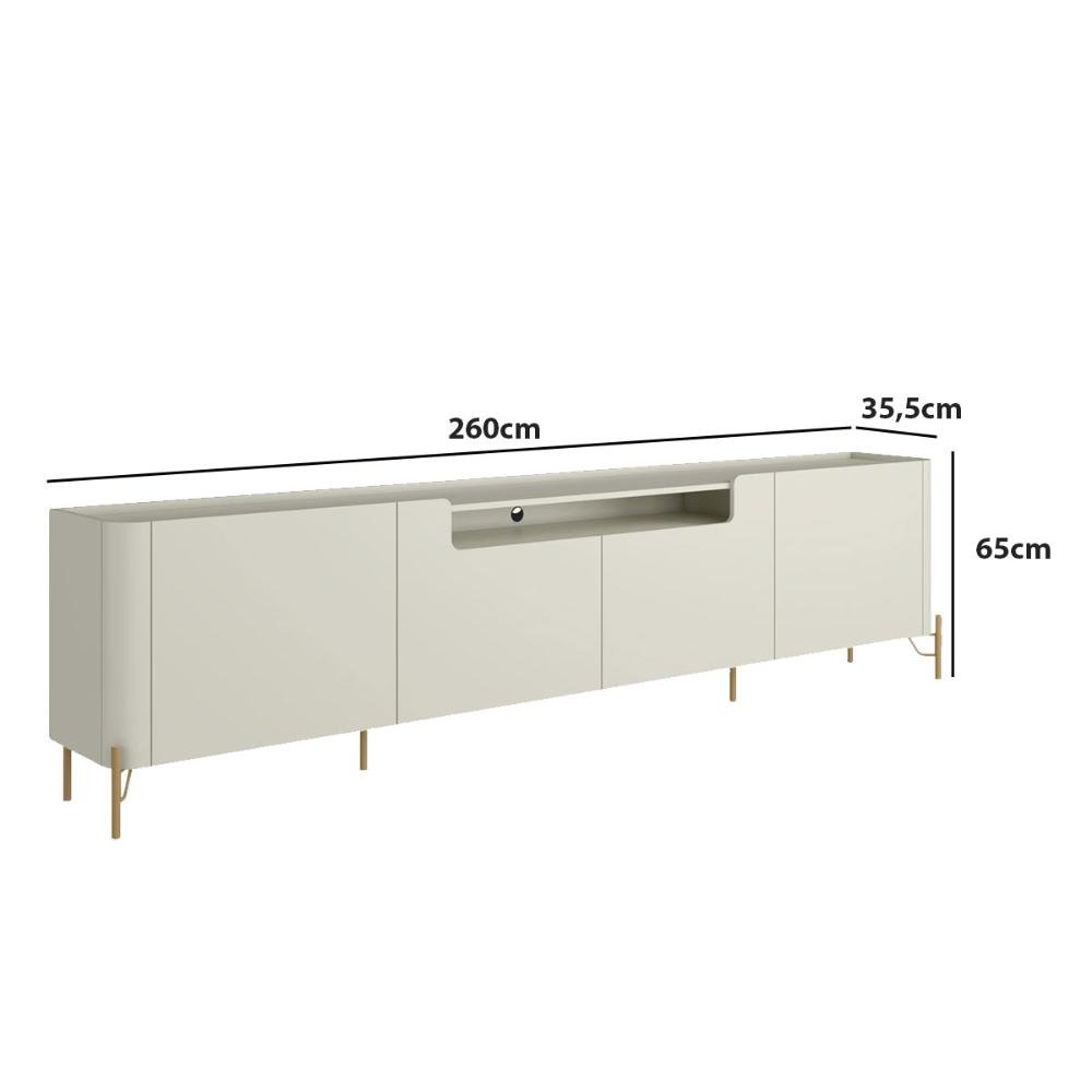 Rack para Tv 260cm com 4 Portas Lisas 100% Mdf Pés em Metal Cor:luna com Dourado - 2