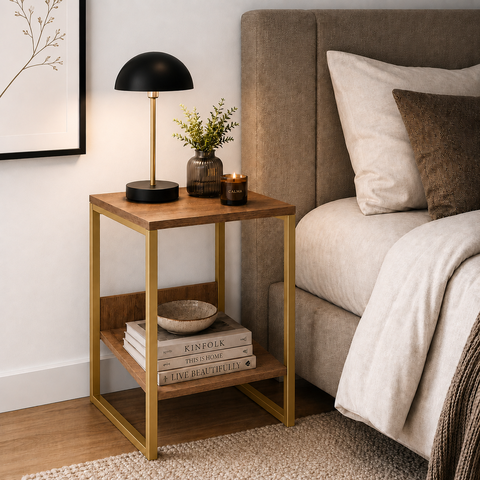 Mesa de Cabeceira Cama Lateral para Quarto Base Ferro Dourado Tampo Amêndoa