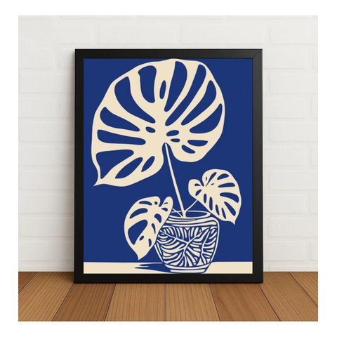 Quadro Monstera Azul Arte Botânica Minimalista 33x24cm Preto