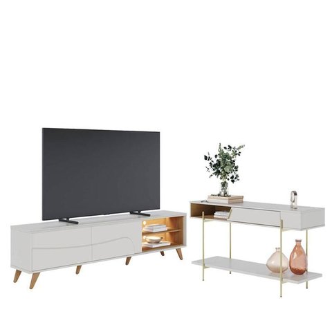 Rack Bancada Amalfi com Pés em Madeira e Aparador para Sala Sena Off White Matte Freijó - Colibri