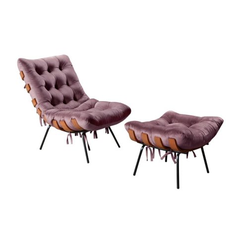 Poltrona Costela com Puff Cor:Veludo Roxo 380