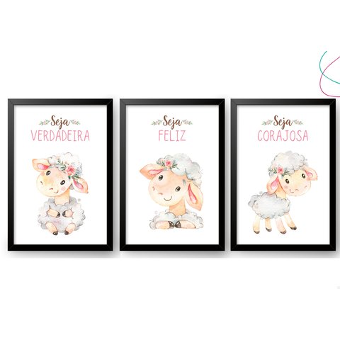 Quadro Decoração Infantil Ovelhinha Aquarela Moldura e Vidro:preta