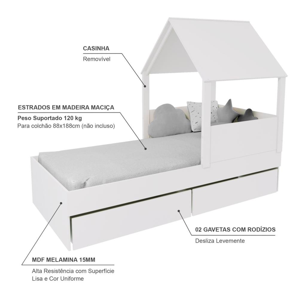 Cama Casinha com Telhado Mdf e 02 Gavetas Branco Mobilistore - 4