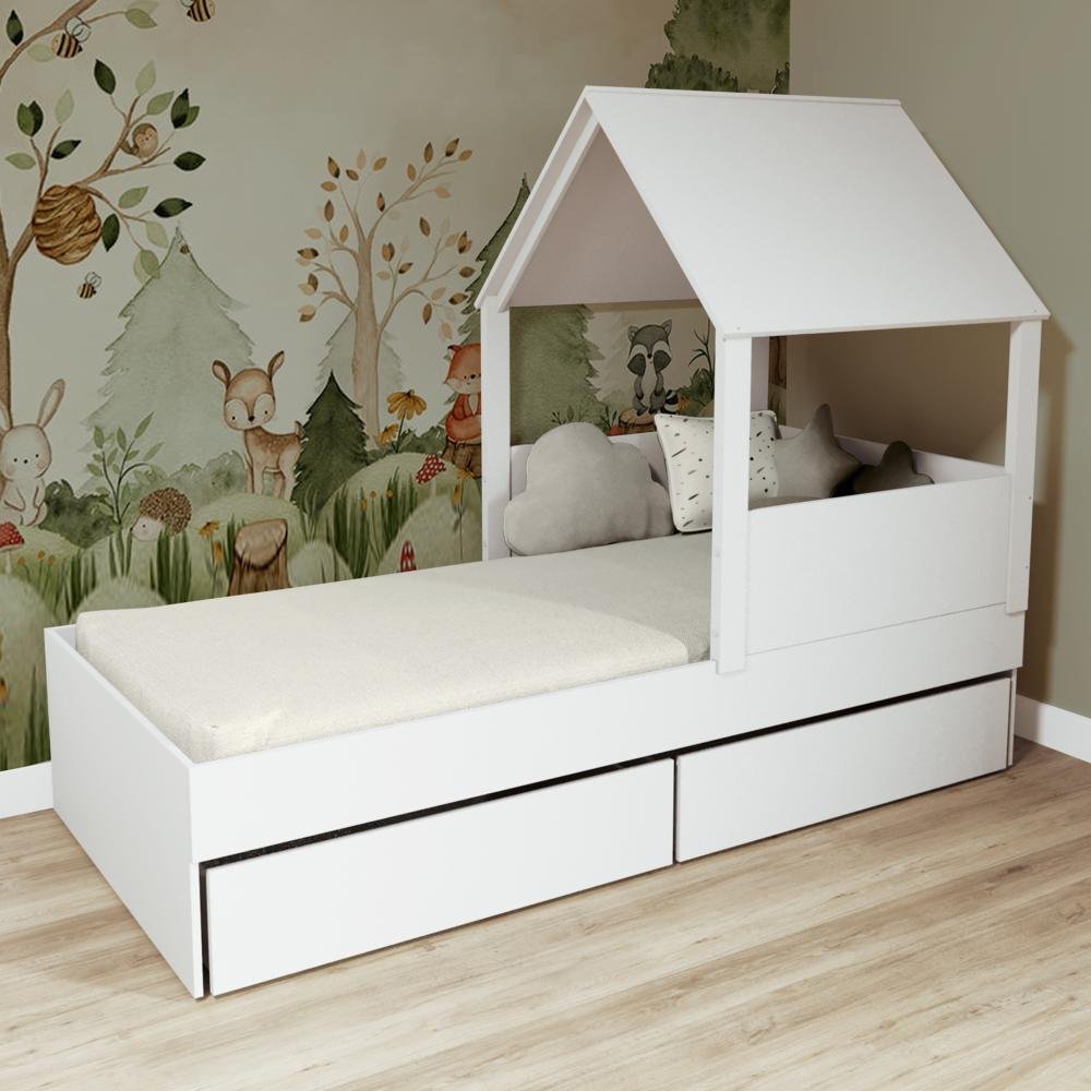 Cama Casinha com Telhado Mdf e 02 Gavetas Branco Mobilistore