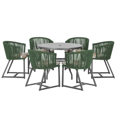 Mesa com 6 Cadeiras de Jantar Roma 120cm e Noronha em Alumínio Preto Corda Náutica Estofado 6 Trama