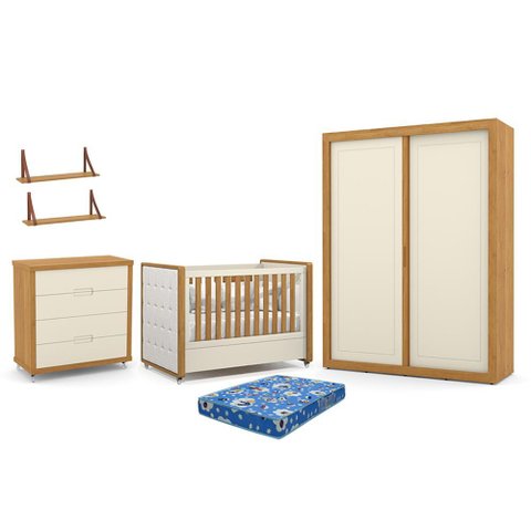 Dormitório Tutto 2 Portas, Cômoda, Berço Off White/freijó com Capitonê, Colchão Physical e