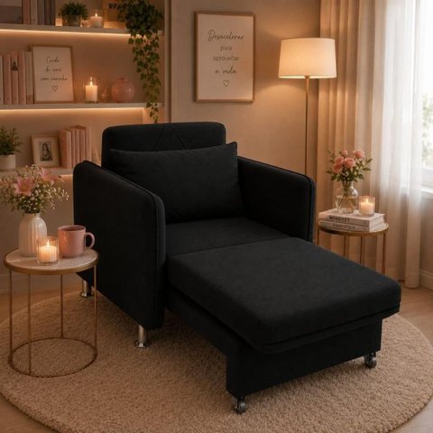 Poltrona Cama Retrátil Daiana Confortável em Veludo Suede Preto