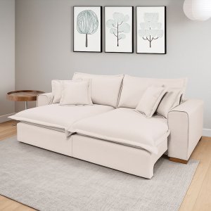 Sofá Retrátil Reclinável com Molas Ensacadas no Assento Confortável Tecido Linho Cru 2,50m