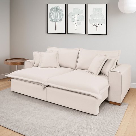 Sofá Retrátil Reclinável com Molas Ensacadas no Assento Confortável Tecido Linho Cru 2,50m