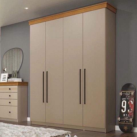 Roupeiro Solteiro London MDF 152,2x220cm 2 Gavetas 4 Portas Corda/Freijó LON42