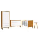 Ver imagem 1 de Dormitório Infantil Theo Retrô 2 Portas, Cômoda 1 Porta, Berço e Mesa de Apoio Branco/Savana com