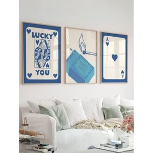 Kit 3 Quadros Decorativos Azul Lucky Us Minimalista No2