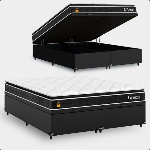 Cama Box Baú Queen Bipartido + Colchão Life D33 Pillow Top 61x158x198cm Suede Preto - e-Shop Casa